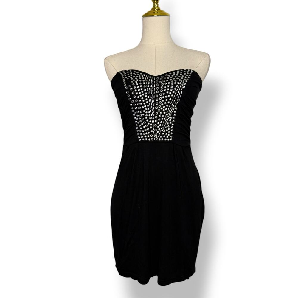 Vintage Guess Women’s Medium Strapless Mini Tube Dress Black Silver Studs‎ Y2K